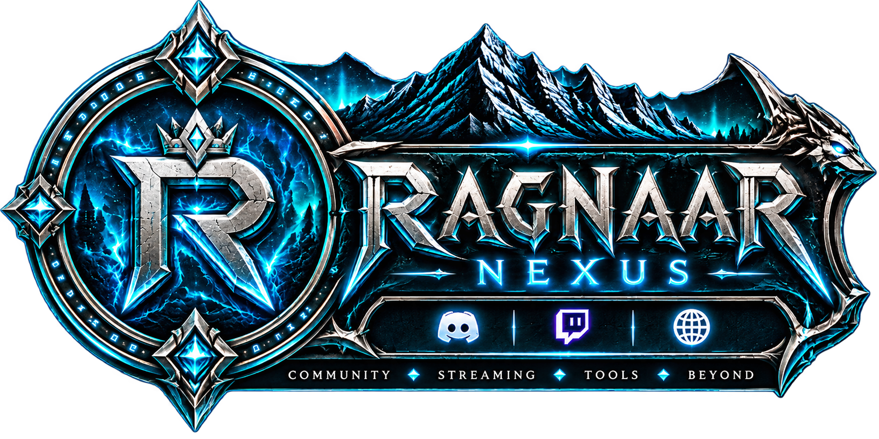 Ragnaar Nexus Emblem mit eisblauen Kristallen, Runen und Gebirgslandschaft